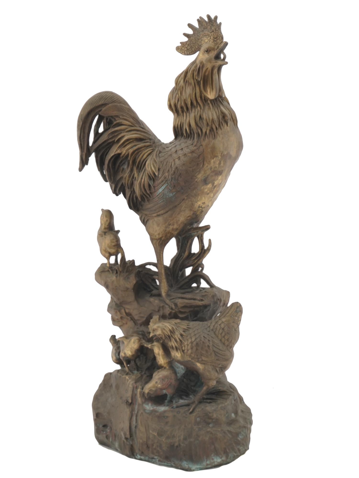 PATINATED BRASS SCULPTURE OF ROOSTER AND CHICKENS PIC-0